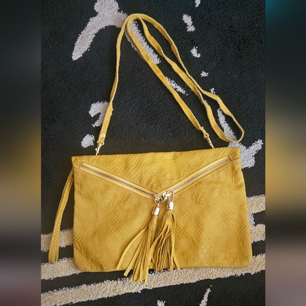 Italian Leather Crossbody Bag Mustard yellow Snakeskin Embossed Wristlet Clutch